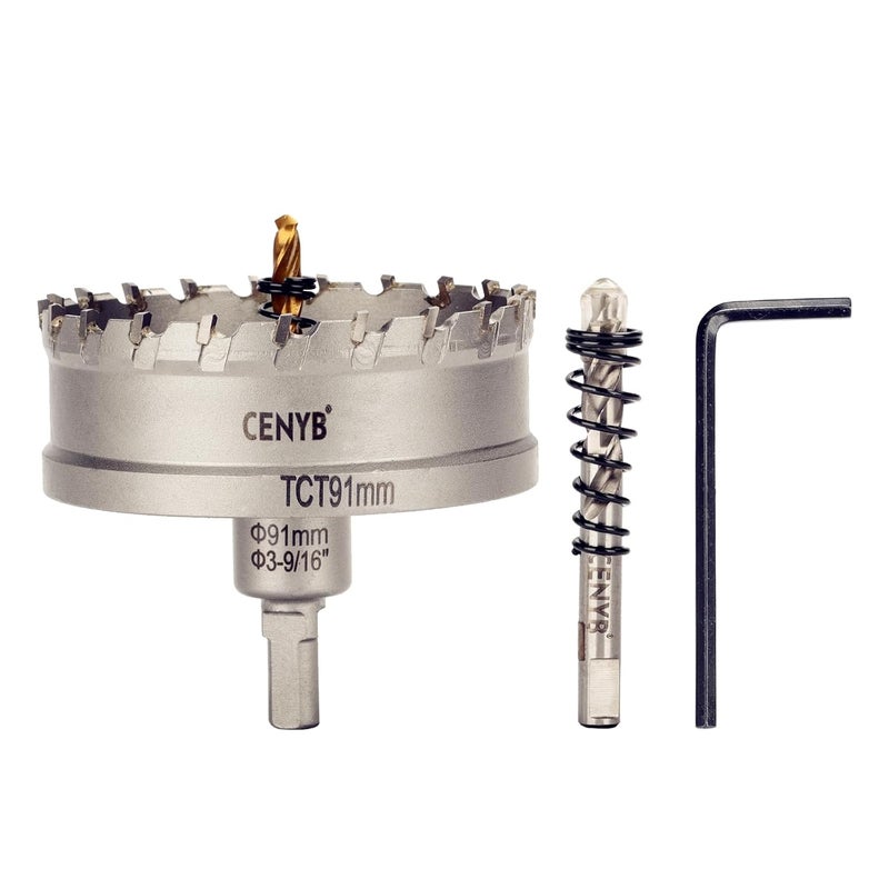 cenyb 3-9/16" (91mm) Tungsten Carbide Tipped Hole Saw with 2Pcs Titanium-Plated Pilot Drill Bits for Hard Metal,Stainless Steel,Iron,Aluminum Alloy,Wood and Plastic - Image 1